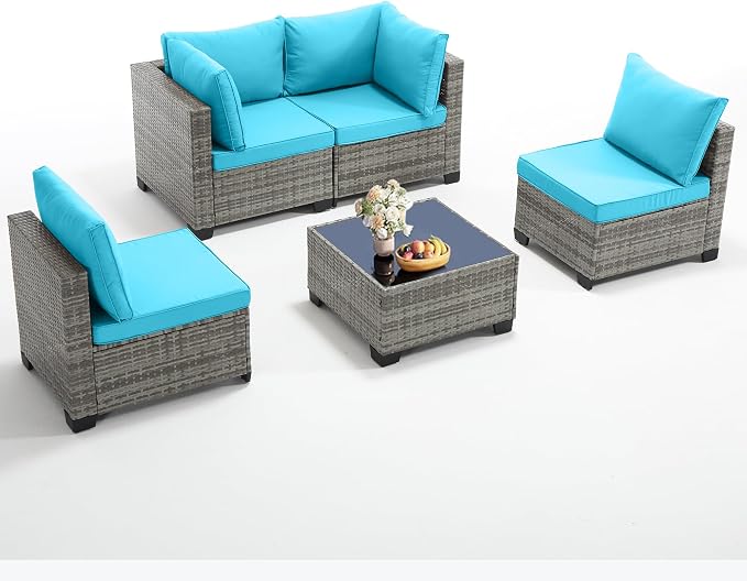 5-Piece Outdoor Patio Furniture Set, Gray PE Rattan Sectional Sofa with Turquoise Cushions and Steel Frame, Coffee Table Included, Modular Outdoor Conversation Set for Patio Garden Poolside