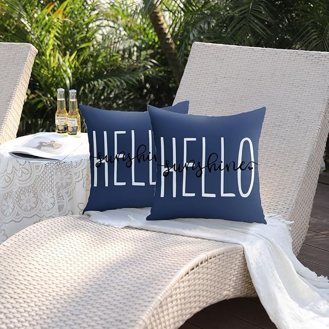 DFXSZ Navy Blue Outdoor Waterproof Pillow Covers 20x20 Set of 2 | Hello Sunshine Decor Spring Summer Polyester Pillow Covers(NO INSERTS)| Decor for Patio Funiture Garden Sofa Couch
