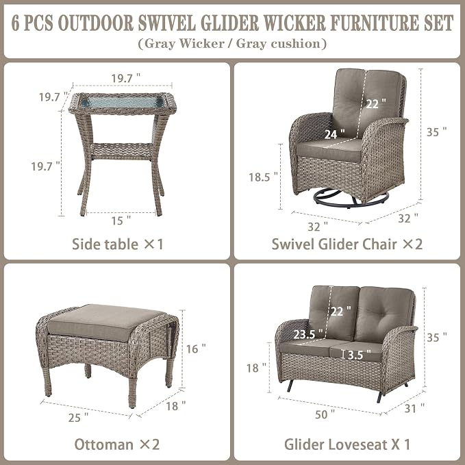 Belord 6 Pieces Wicker Patio Conversation Sets with Outdoor Swivel Rocker Chairs and Loveseat Glider Chair, All-Weather Rattan Furniture Set for Deck Patio Sunroom Backyard
