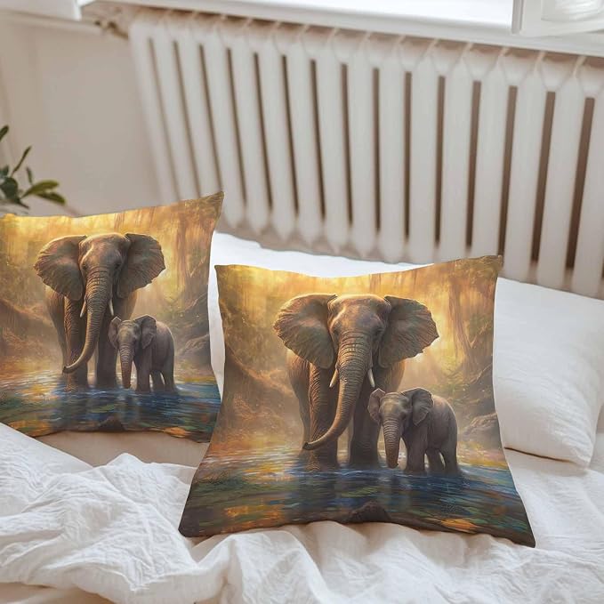 Elephant Outdoor Pillow Covers Pack of 2 Animal Forest River Yellow Oil Painting Waterproof Throw Pillow Covers Decorative Cushion Cases for Patio Garden Tent Balcony Couch 26x26 inch