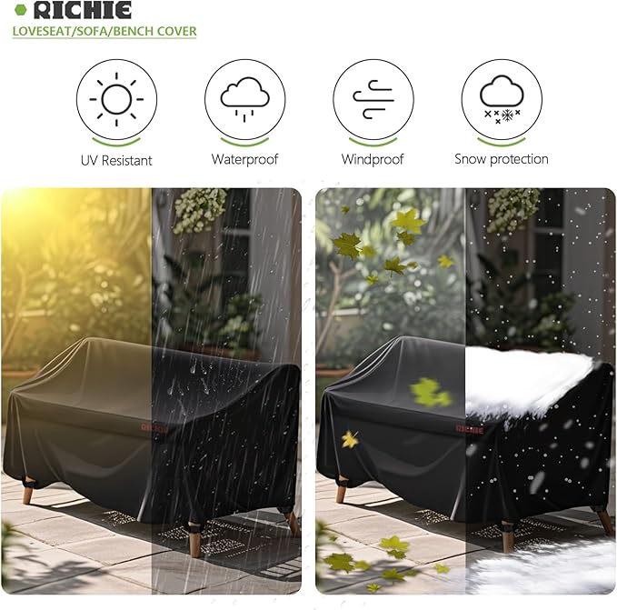 RICHIE Patio Loveseat Cover - Waterproof Outdoor 3-Seater Sofa Cover with Air Vent, UV Resistant Patio Furniture Covers for 78"W*42"D*31"H Loveseats (Black)