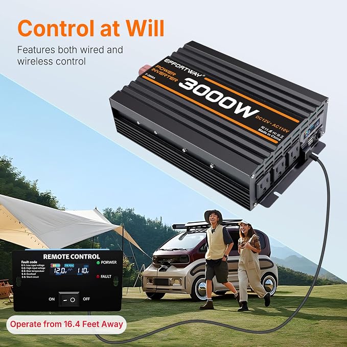 3000W Power Inverter, 12V DC to 110V/120V Modified Sine Wave Inverter with 3 AC Outlets, USB Port, Wired Remote Controller, Car Power Inverter for RV, Truck, Boat, Camping, Off-Grid