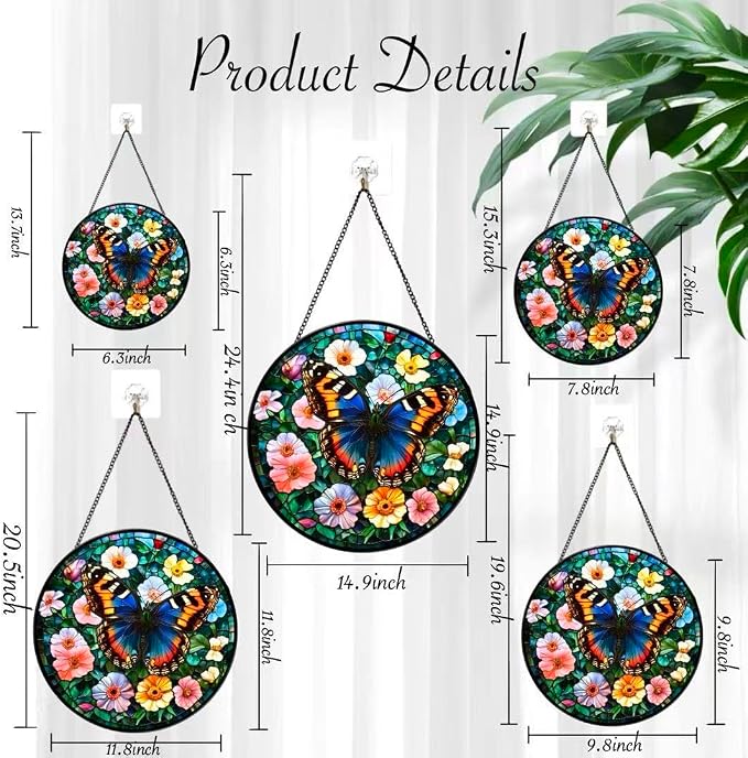 Stained Glass Window Hanging - A Beautiful Butterfly is Dancing in The Sea of Flowers 6.3 Inches Suncatcher for Garden Home Decor for Women Mom Grandma Friends