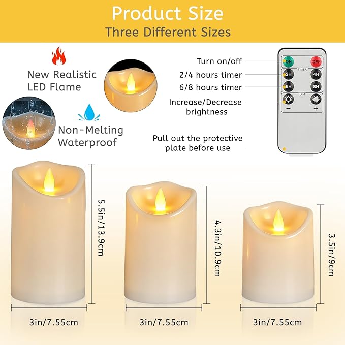 Flameless Candles 4" 5" 6" Set of 3 Outdoor Indoor Ivory Pillars Battery Operated Flickering Candles Include 8-Key Remote Timer Function, Fake Plastic Candles for Wedding, Aniversary, Christmas Decor