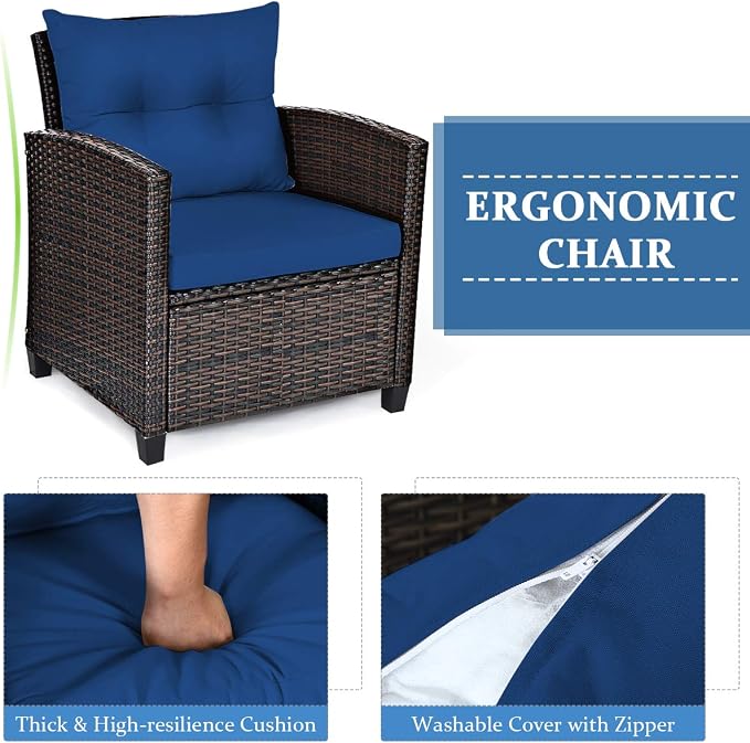 COSTWAY 3PCS Patio Furniture Set, PE Rattan Wicker Sofa w/Washable Cushion and Coffee Table, Tempered Glass Tabletop, Outdoor Conversation Set for Balcony, Porch, Yard, Backyard, Lawn, Navy Blue