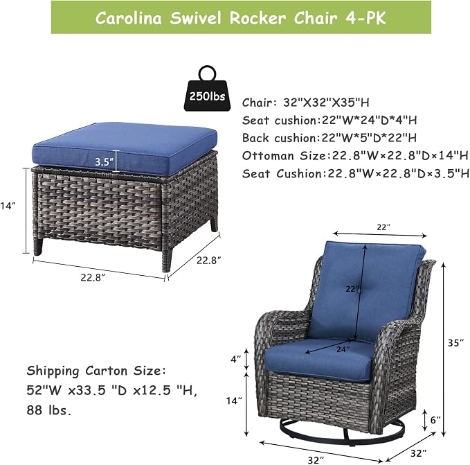 Rilyson Wicker Patio Furniture Set - 4 Piece Rattan Outdoor Sectional Conversation Sets with 2 Swivel Rocking Chairs,2 Ottomans for Porch Deck Garden(Mixed Grey/Blue)