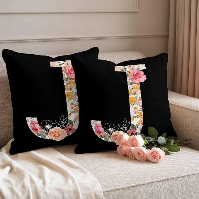 Black Letter J Flower Outdoor Pillow Covers Set of 2 Watercolor Alphabet J Pink Beige Floral Leaf Waterproof Throw Pillow Cover Decorative Cushion Cases for Patio Porch Garden 26X26 Inch