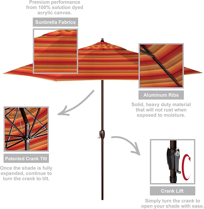 California Umbrella 12-Year Protection 9-Ft Outdoor Patio Umbrella, Sunbrella Fade-Resistant Acrylic Fabric, Auto Tilt and Crank, Heavy-Duty Aluminum Frame/ Reinforced Ribs, Bronze Pole, Astoria Sunset