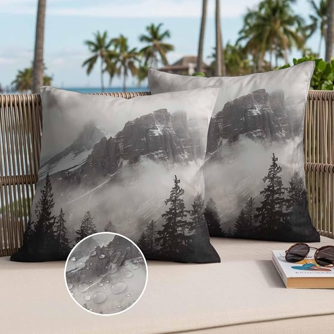 National Parks Waterproof Outdoor Pillow Covers Set of 2 Home Decor, Canadian Smokey Mountain Cliff Idyllic Pillowcase Patio Pillow Covers for Couch Bench Furniture Garden 26x26in