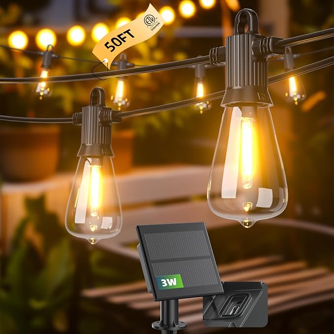 Kawaya Solar Powered String Lights: 50 FT LED Outdoor Patio Hanging Lights with 25+2 Edison Bulbs - USB-Charging - IP65 Waterproof Shatterproof Edison Bulbs for Bistro Cafe Camp Yard Balcony