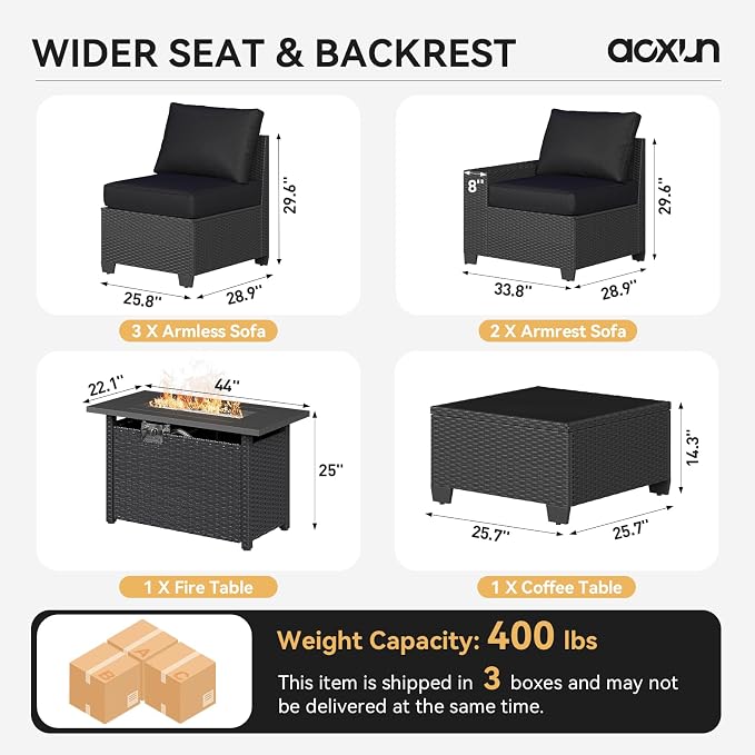 Aoxun Patio Furniture Set with 44'' Fire Pit Table, 7 Pcs Outdoor Patio Furniture Sets with 4in Thicken Cushion, Widen Armrests Wicker Outdoor Sectional for Backyard