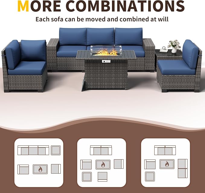Patio Furniture with Fire Pit Table,8‘’ Wide armrest Outdoor Sectional Rattan Sofa Set, Wicker Patio Furniture Sets w/Coffee Table,Thick Cushions and Cover for Porch, Balcony,7PC(Grey&Navy)