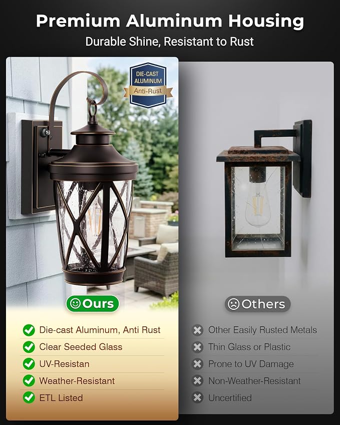VIANIS 2-Pack Bronze Porch Lights Outdoor with Gold Trim, Dusk to Dawn Exterior Lighting Fixtures, Modern Outdoor Wall Lantern with Drop Shade, Waterproof Exterior Wall Light for Garage, Hallway Patio
