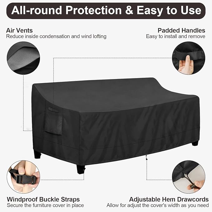 PureFit Outdoor Couch Cover Waterproof Patio Sofa Furniture Covers, 3-Seater Outdoor Cover with Air Vent and Handles, 78W x 35D x 35H Inches, Black