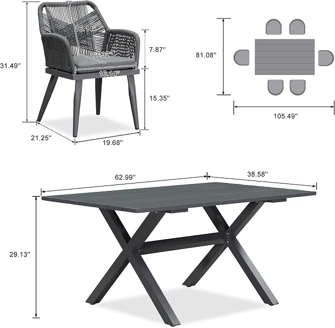 PURPLE LEAF 7 Pieces Outdoor Dining Set All-Weather PE Rattan Outdoor Patio Furniture Set with All Aluminum Frame Rectangular Table and Chairs Set for Lawn Garden Backyard Deck, Grey
