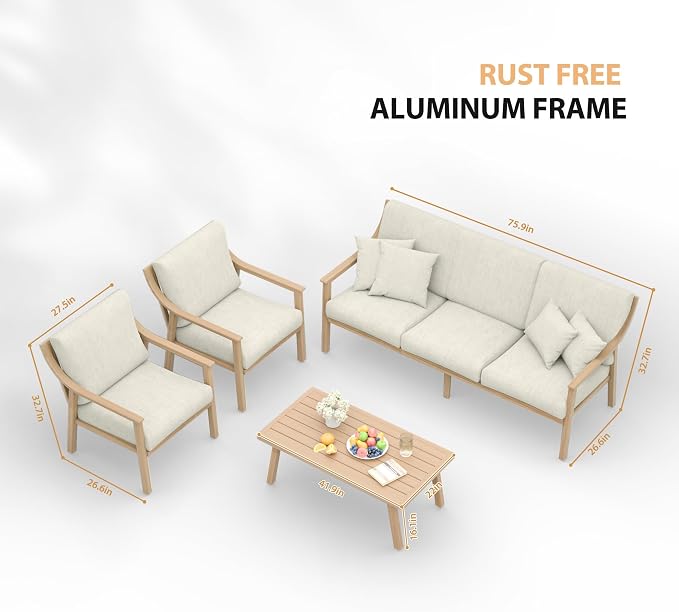 HAPPATIO 4-Piece Outdoor Patio Furniture Set for 5, Aluminum Outdoor Conversation Set Includes 1 Three-Seater Sofa, 2 Armchairs, and 1 Coffee Table, Perfect for Porch, Deck, Garden, (Beige)