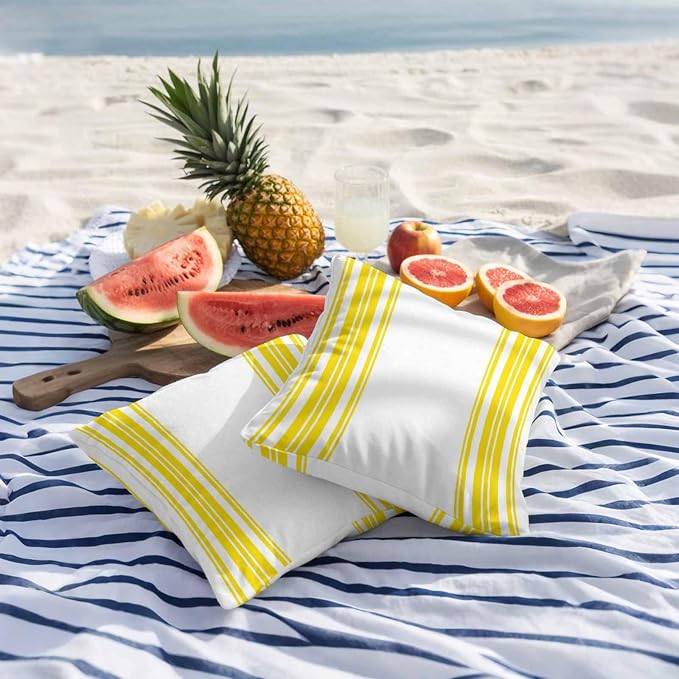 Outdoor Waterproof Throw Pillow Covers Set of 2 Yellow Stripes Pillowcases 24x24 Inches White Vertical Striped Decorative Pillows Cushion Case Patio Pillows for Couch Bed Chair Garden