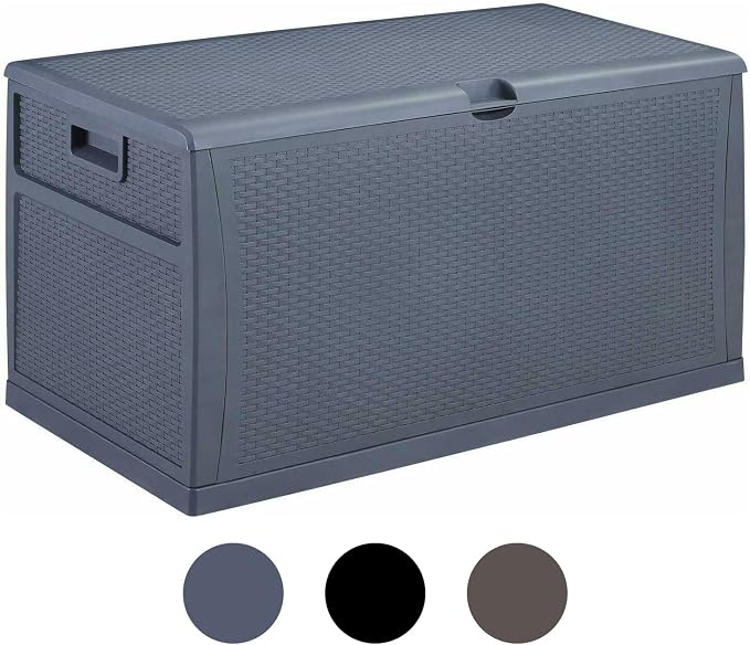 Leisurelife Plastic Deck Box Wicker 120 Gallon, Gray - Water-resistant Storage Container Outdoor Patio Garden Furniture
