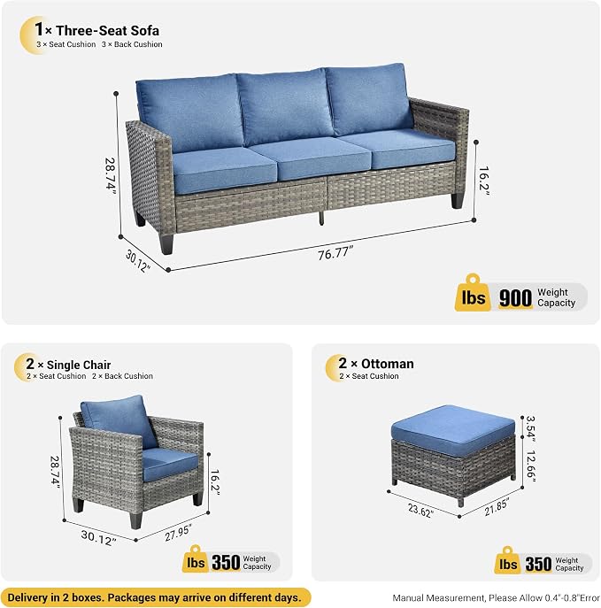 ovios 5 Pieces Patio Furniture Set, Outdoor Wicker Sofa Couch with Chairs Comfy Cushions, All Weather Grey Rattan Conversation Set for Backyard Deck Porch, Denim Blue