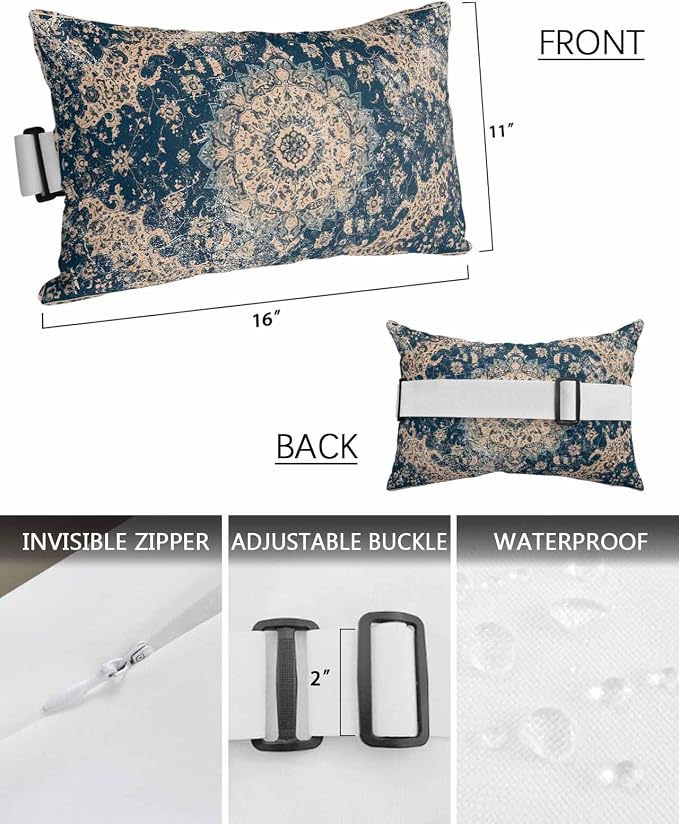 Outdoor Lumbar Cushions with Inserts, Blue Classic Medieval Retro African Pattern Waterproof Fluffy Fade Body Pillows, Patio Furniture Pillow for Home Balcony Garden Decor 11x16IN