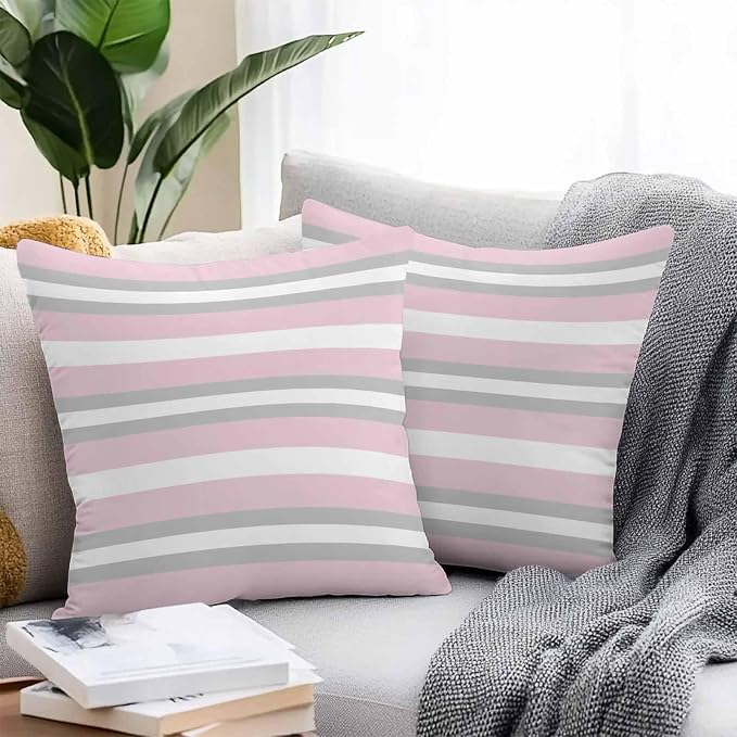 Throw Pillow Covers 20x20 Inch Set of 2, Pink Grey Stripe Waterproof Outdoor Pillow Covers, Minimalist Farmhouse Striped Decorative Cushion Pillowcases for Couch, Sofa, Bed, Garden, Patio