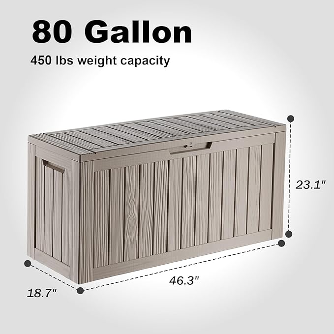 ROJIK Outdoor Storage Housing Deck Box - Waterproof Patio Furniture, Garden Tools, Cushions, Pool Accessories Storage Bench with Lockable Lid and Side Handles (Grey, 80 Gal)
