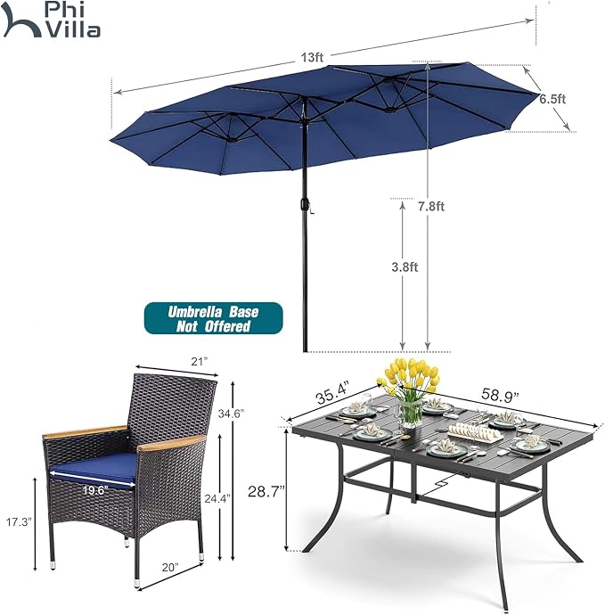PHI VILLA 7pc Patio Dining Set w/Umbrella, Rectangular Table, Rattan Chairs | Outdoor Dining Set for 6, 60" Metal Table & 6 Cushioned Rattan Chairs with Navy Blue Umbrella for Outdoor, Deck, Yard, Porch