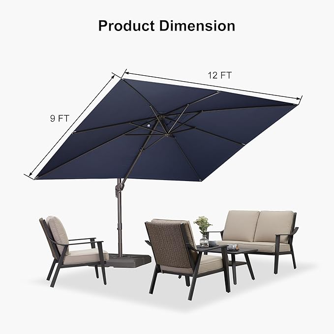 PURPLE LEAF 9' X 11.5' Rectangle Cantilever Umbrella Patio Umbrella Antique Bronze Outdoor Aluminum Offset Hanging Umbrella with 360-degree Rotation for Pool Garden Backyard Deck, Navy Blue