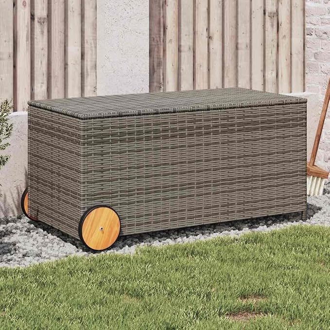 Large Garden Storage Box Grey PE Rattan 50.4 Gallons Outdoor Storage Organizer with Wheels, Water-Resistant Material and Powder-Coated Steel Frame for Cushions Blankets Patio