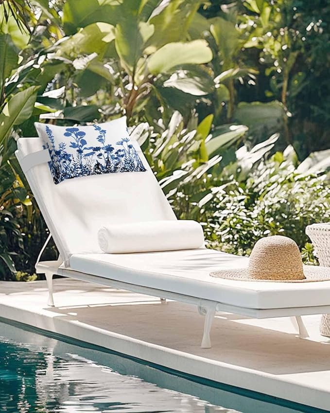 Outdoor Lumbar Cushions with Inserts, Classic Navy Blue Gradient Black Flower Silhouette Waterproof Fluffy Fade Body Pillows, Patio Furniture Pillow for Home Balcony Garden Decor 12x20IN