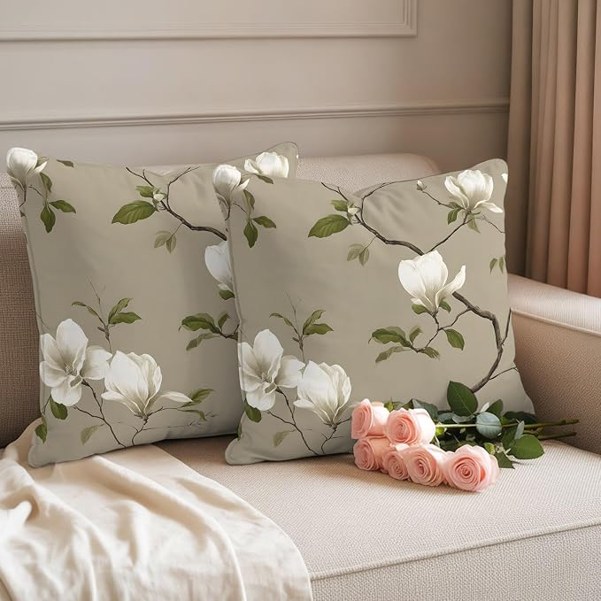 Vintage Floral Outdoor Pillow Covers 20"x20" Set of 2, Magnolia Flowers Branches Rustic Botanical Brown Waterproof Throw Pillow Covers for Patio Furniture, Decorative Cushion Covers for Porch