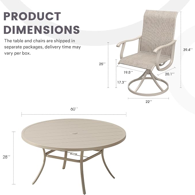 9 Pieces Patio Furniture Dining Set, 8 Textilene Swivel Dining Chairs, 60" Outdoor Round Metal Table with 1.57" Umbrella Hole, Outdoor Dining Set for Porch, Lawn, Garden, Sand/Sand
