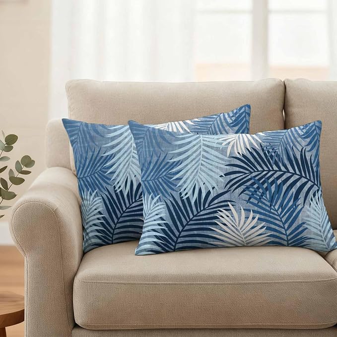 Blue Palm Leaves Waterproof Outdoor Pillow Covers Set of 2 Home Decor, Summer Tropical Leaf Plant Lumbar Pillowcase Patio Pillow Covers for Couch Bench Patio Furniture Garden 20x12in