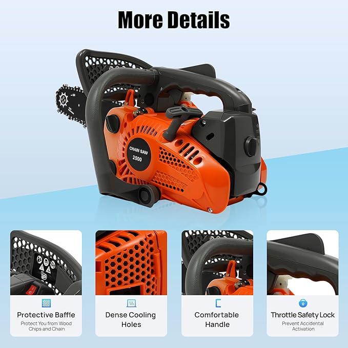 12 Inch Gas Chainsaw 25.4cc 2-Stroke Handheld Cordless Chain Saw Gas Powered 900W Portable Top Handle Chainsaw with Quick Start for Tree Wood Cutting, Sack Sawing, Green Pruning