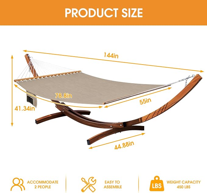 Lazy Daze Hammocks 12 FT Double Quick Dry Olefin Blend Hammock with Curved Steel Heavy Duty Stand for Outside, Backyard, 450 Lbs Capacity, Khaki