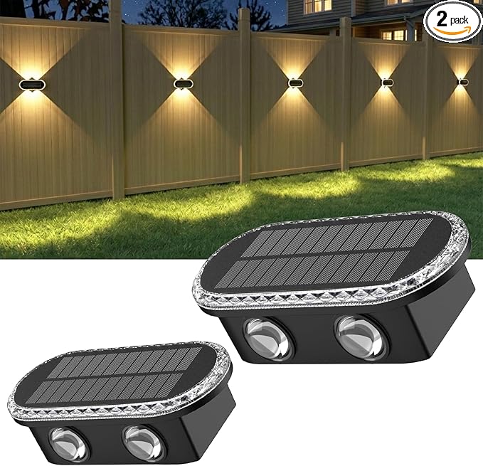 Ellasay Fence Lights Solar Powered: Outdoor LED Wall Lighting Dual Beam and 3 Color Modes IP65 Waterproof 12H Long Lasting Easy Mount for Garden Patio Backyard 2 Pack