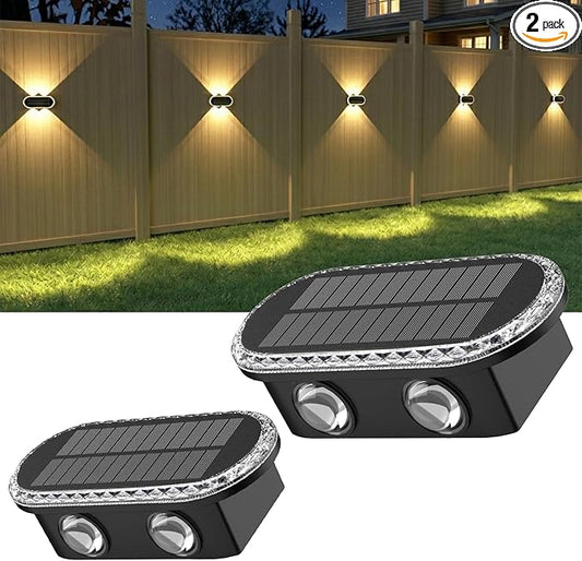 Ellasay Fence Lights Solar Powered: Outdoor LED Wall Lighting Dual Beam and 3 Color Modes IP65 Waterproof 12H Long Lasting Easy Mount for Garden Patio Backyard 2 Pack