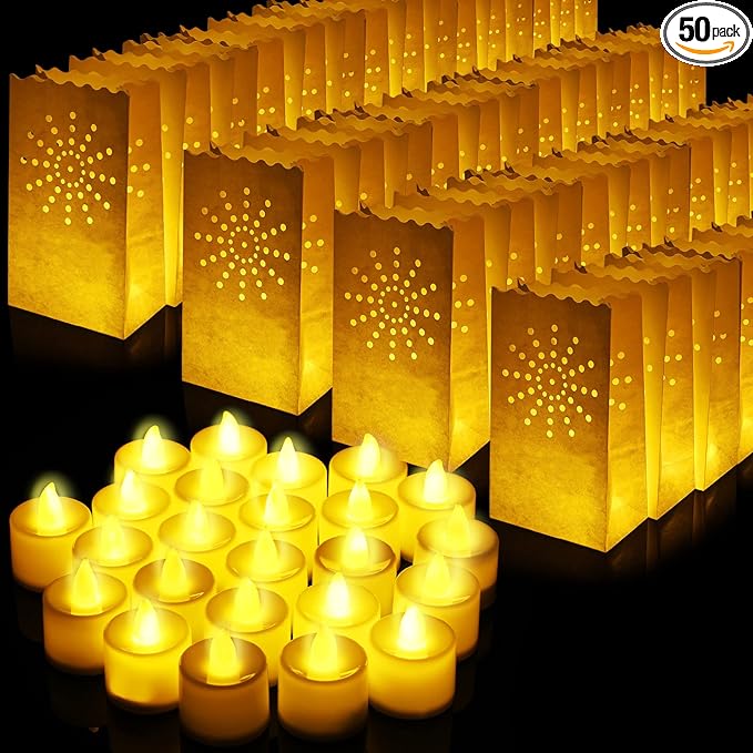 Sabary 50 Sets Luminary Bags with Flameless Tea Lights Outdoor Luminaries LED Lantern Candle Bags for Wedding Birthday Ramadan Christmas Party Decorations Romantic Decor(Sun)