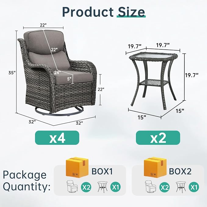 Outdoor Swivel Rocker Patio Chairs Set of 4 with Side Table - 5" Thick Cushion 6 Piece Furniture Set All Weather Comfortable Wicker Conversation Set for Porch Poolside and Deck - Gray/Gray