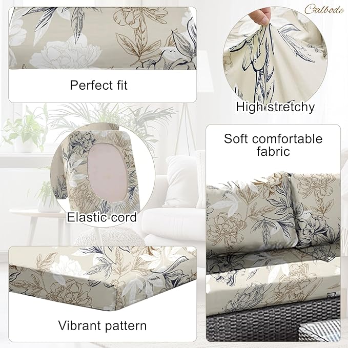 CALBODE 14Pcs Outdoor Stretch Cushion Covers,Waterproof Outdoor Chair Floral Cushion Covers for Patio Furniture, Washable Beige Couch Covers Replacement for Patio Furniture