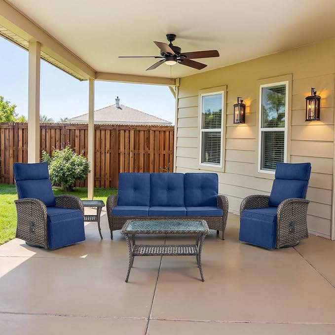 Dual-Adjust Swivel Outdoor Recliner Chair Set of 3 - Reclining Patio Chair with Adjustable Backrest and Footrest, All-Weather Wicker Chaise Lounge Outdoor with Side Table for Pool Deck Brown and Blue
