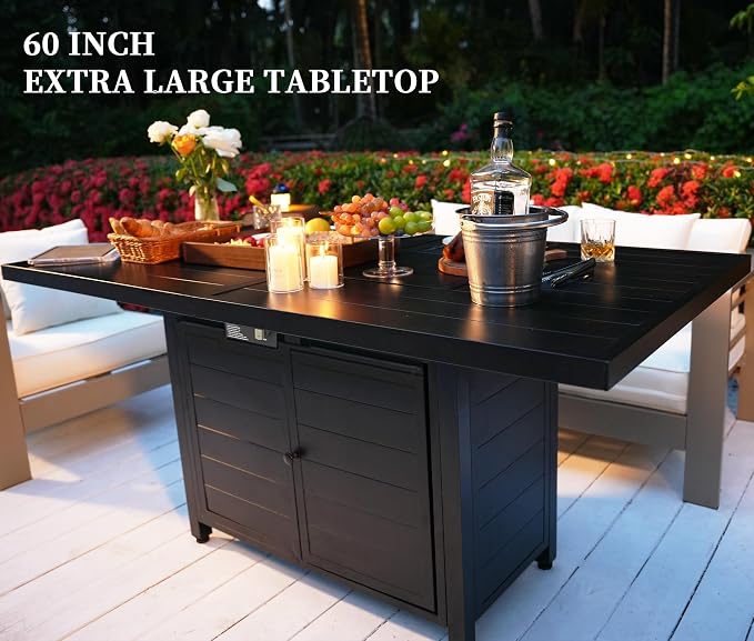 PIZZELLO 7 Pieces Patio Furniture Set w/ 60" Gas Fire Pit Table and 6 HDPE Patio Dining Chairs, Outdoor Conversation Set 50,000 BTU Aluminum Propane Fire Pit Patio Chairs Set of 6 for Backyard