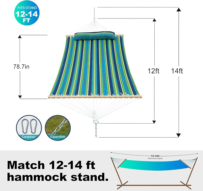GAFETE Hammock 2 Person Quilted Fabric Hammocks for Outside, Double 12ft Hammocks with Spreader Bar, Large Removable Pillow, Storage Bag, Carabiners, Max 475 lbs Capacity (Garden)