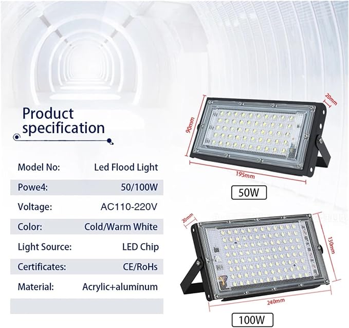 LED Flood Light Spotlight 100W 50W Outdoor Waterproof Reflector Floodlights Street Wall Lamp Garden Lighting(4pcs,Cool White_50W)