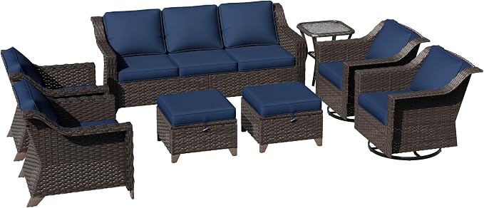 8 Pieces Patio Conversation Furniture Set - 1 Sofa, 2 Ottomans, 2 Armchairs, 2 Swivel Chairs, 1 Side Table, Outdoor Wicker Furniture with Removable Cushions for Porch, Sunroom (Blue)