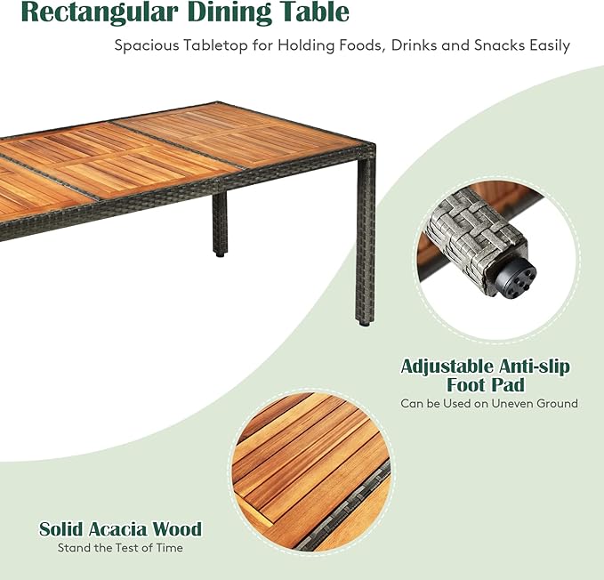 Tangkula 9 Pieces Patio Dining Set, Garden Acacia Wood and Wicker Furniture Set with 1 Rectangular Table & 8 Chairs with Cushions, Outdoor Rattan Dining Set for Patio, Yard, Poolside