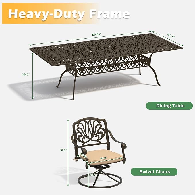 9-Piece Outdoor Dining Set, Retro Bronze Cast Aluminum Patio Furniture Include 86.6" Rectangle Table and 8 Fixed Chairs with Cushion and Umbrella Hole for Patio Deck Garden