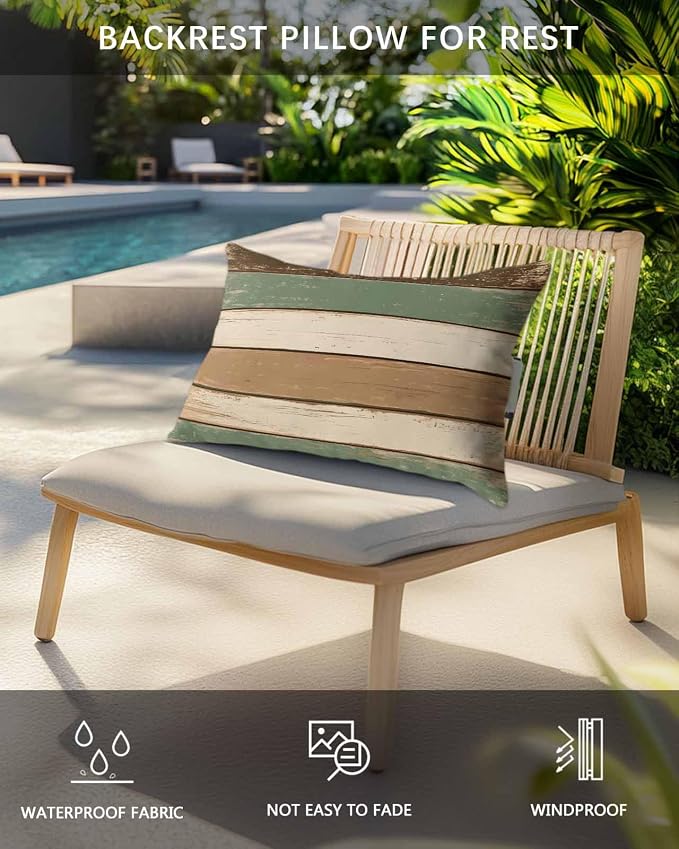Chucoco Outdoor Head Pillow with Adjustable Elastic Strap, Rustic Green Brown Beige Stripes 2 Pack Waterproof Headrest Cushion Pillows for Balcony/Garden/Beach/Pool Chair Recliners Wood Barn