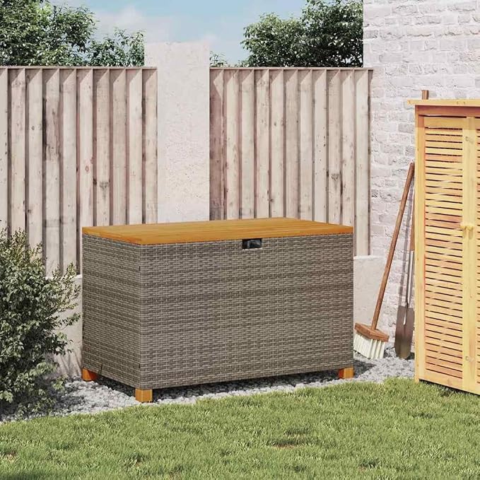 Modern Poly Rattan and Acacia Wood Garden Storage Box for Cushions and Pillows, Outdoor Storage Box in Grey and Brown, 31.5x15.7x18.9 Inches