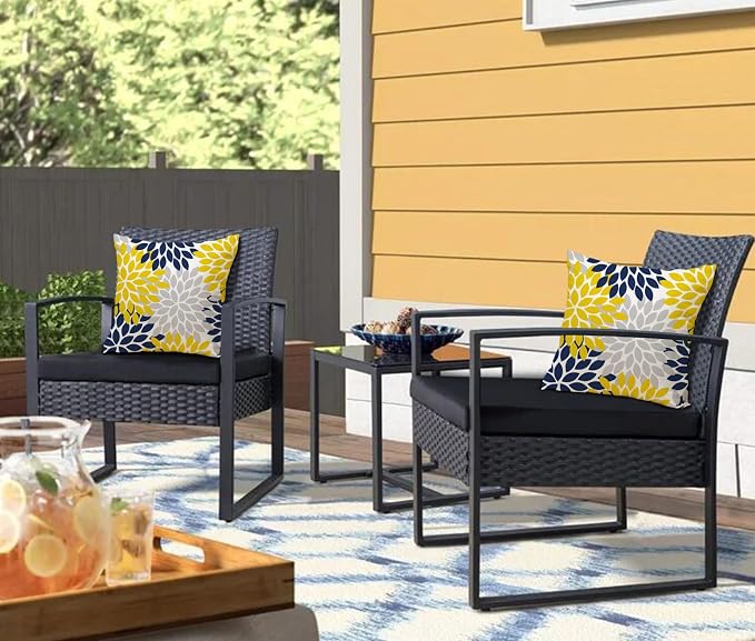 Yellow Blue Dahlia Floral Outdoor Pillow Covers 18x18 Set of 2 Waterproof Abstract Flower Summer Decorative Outdoor Pillow Covers for Patio Furniture Porch Couch Home Decoration (Navy Yellow)